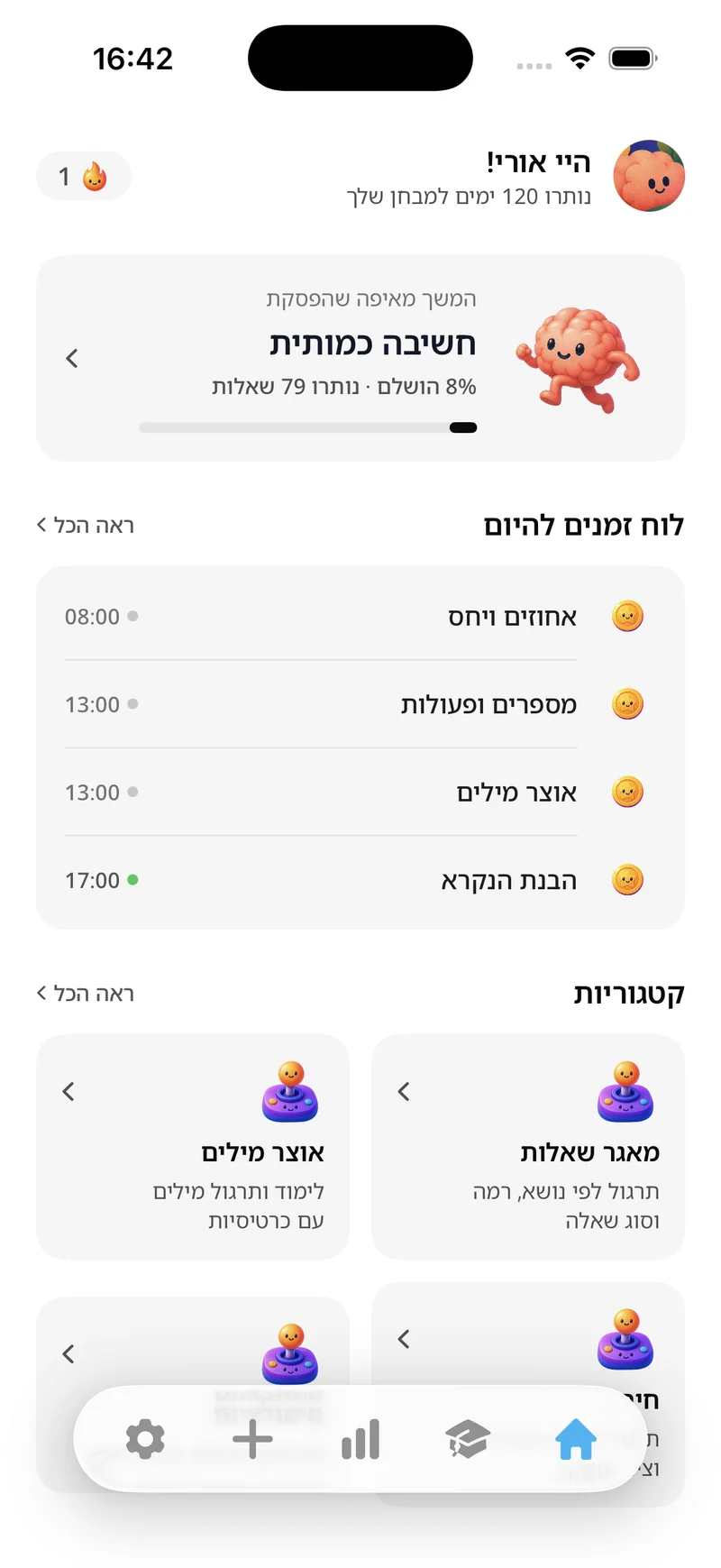 מסך הבית של פסיכומטרי פלוס: התרגול הפעיל, לוח הזמנים היומי והקטגוריות